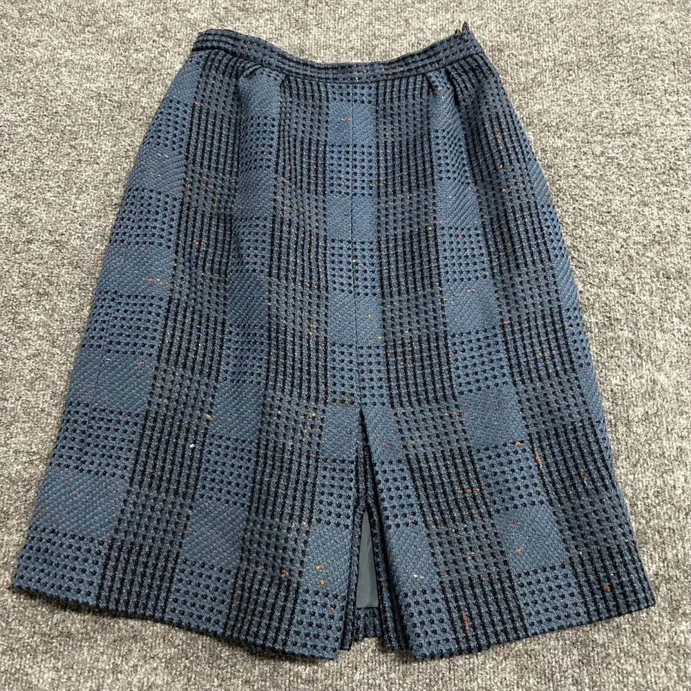 PierBe Skirt Womens Size 8 Blue Plaid Textured A-Line Made in France Vintage